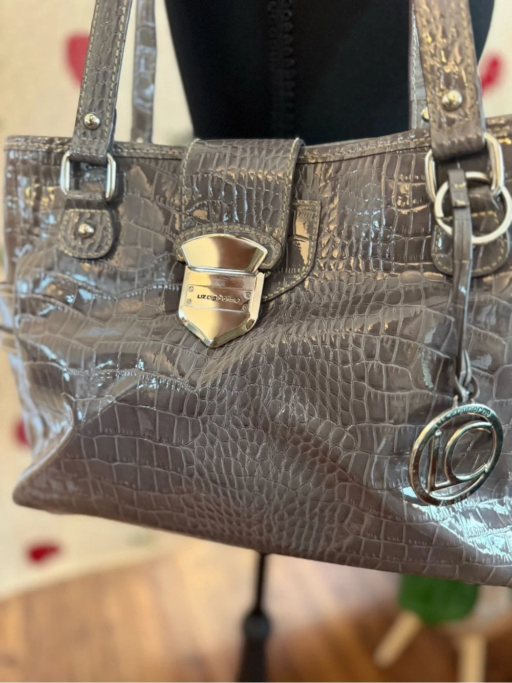 Liz Claiborne Croc Purse Bag in Grey/Silver with Silver Hardware
